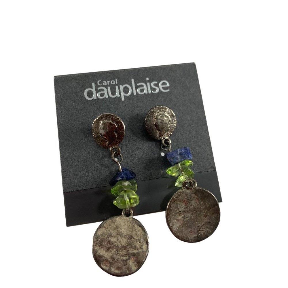 Carol Dauplaise Earrings Dangle Hammered Silver Tone Metal Coin Style 2" New